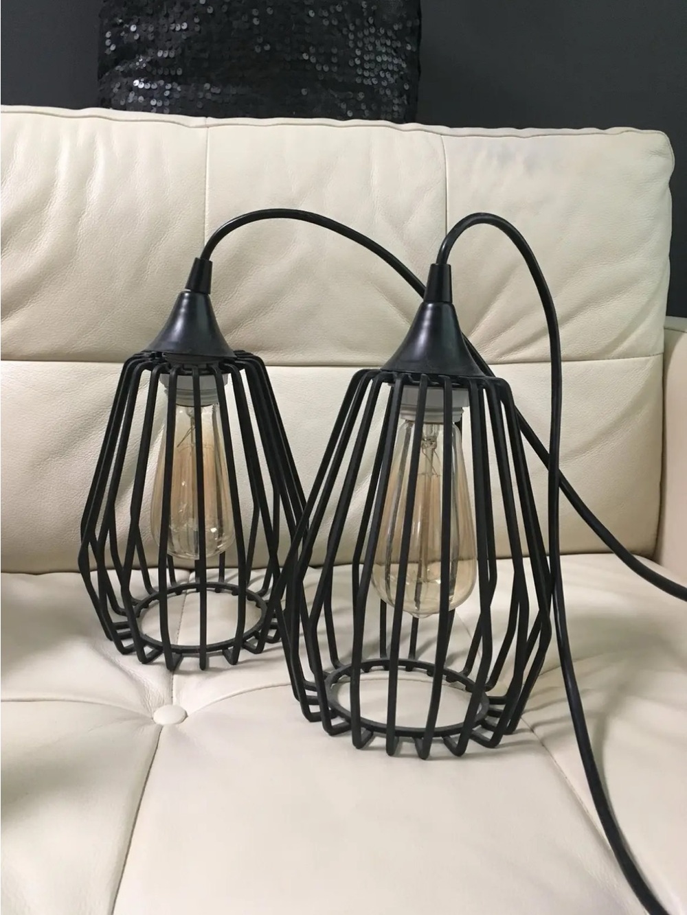 Black Industrial Cage Table Lamp Pair - Modern Metal Accent